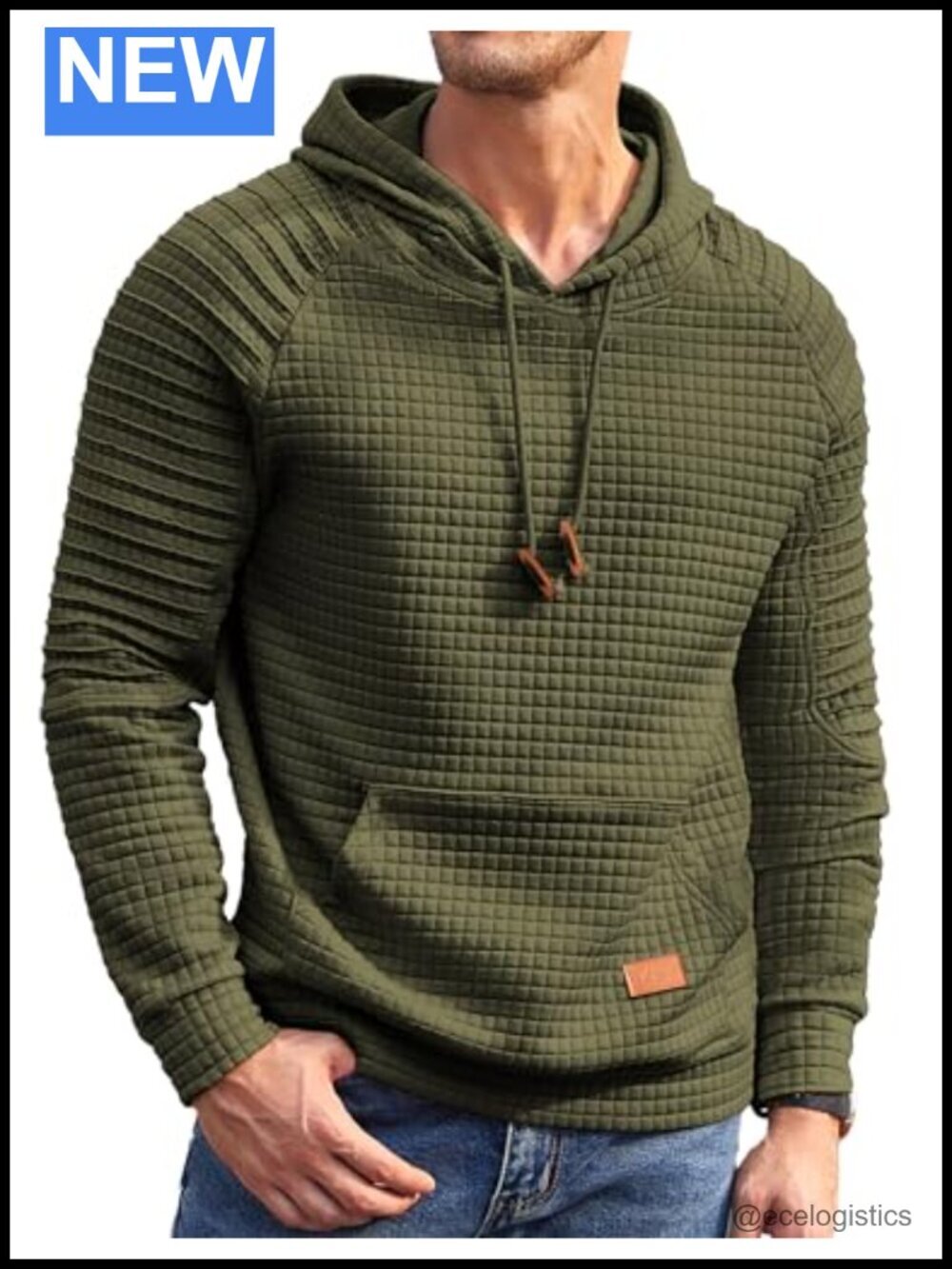 Men's Waffle Knit Hoodie Pullover Long Sleeve Drawstring Sweatshirt with Kanga
